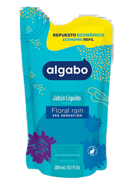 Repuesto Economico Jabon Liquido Algabo x300 ml. Floral Rain (azul)