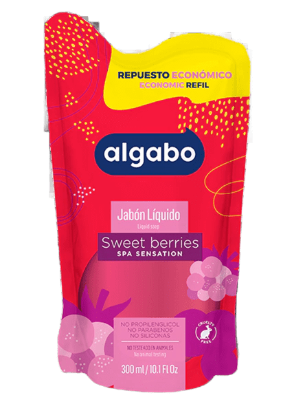 Repuesto Economico Jabon Liquido Algabo x300 ml.  Frutos del Bosque (rojo)